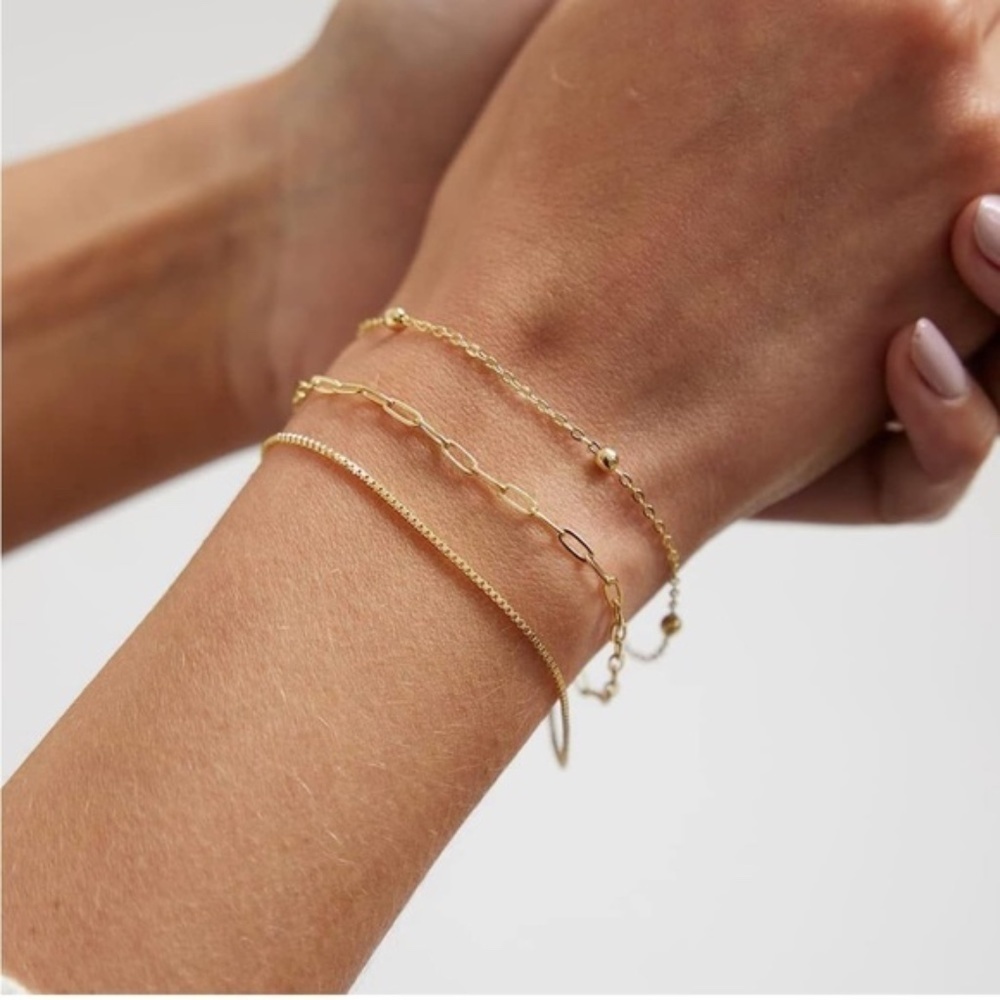 GOLD 14k Gold Plated 3pc Paperclip Beaded Bracelet Set